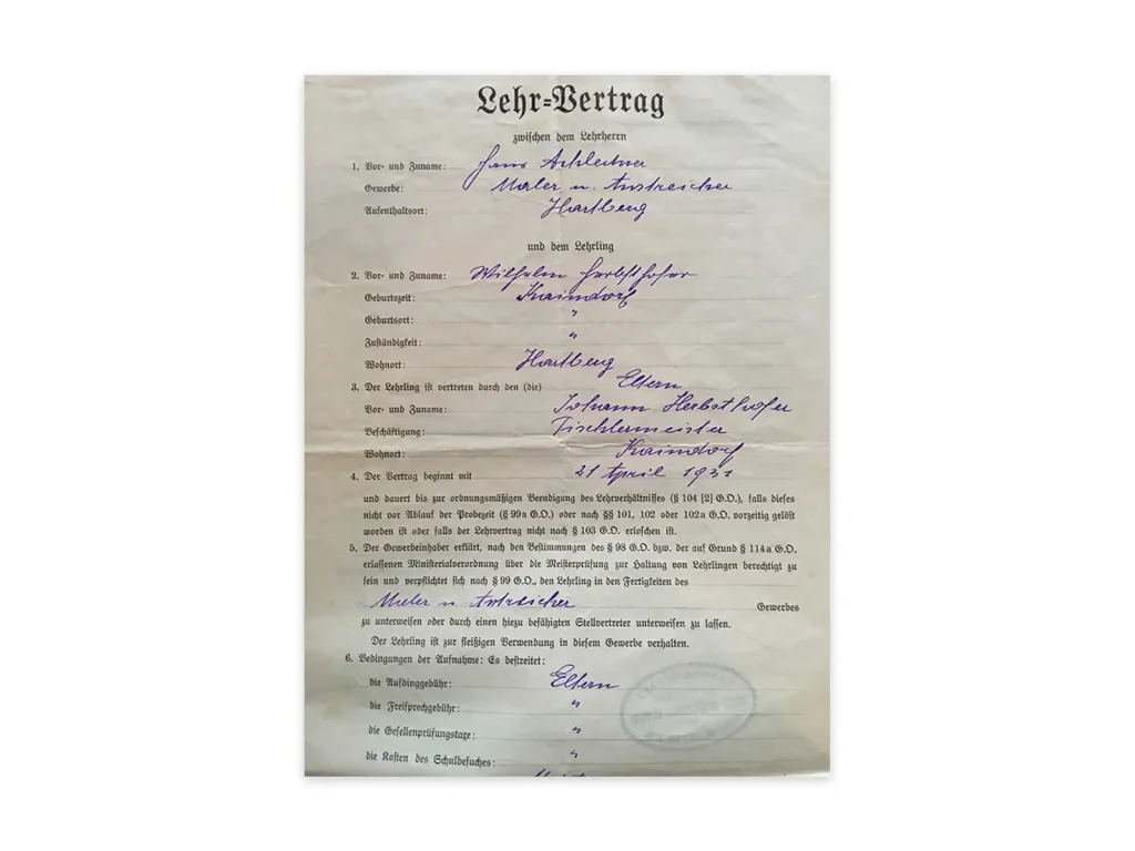Lehrvertrag von Wilhelm Herbsthofer aus dem Jahr 1931